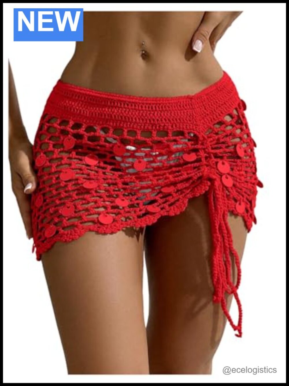 Crochet Sequin Bikini Cover Up Skirt Asymmetrical Hollow Out Knit Swimwear